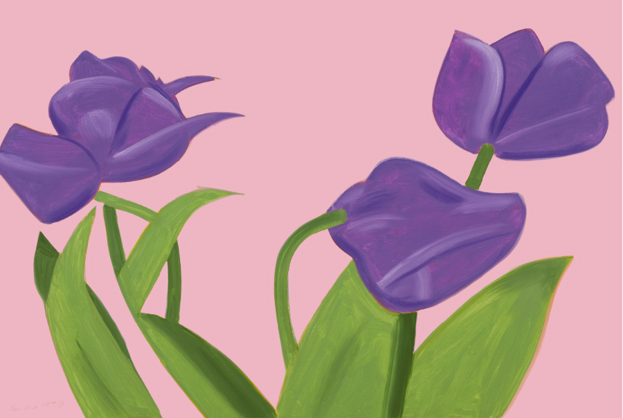 Abstract painting of three purple tulips with green stems on a pink background.